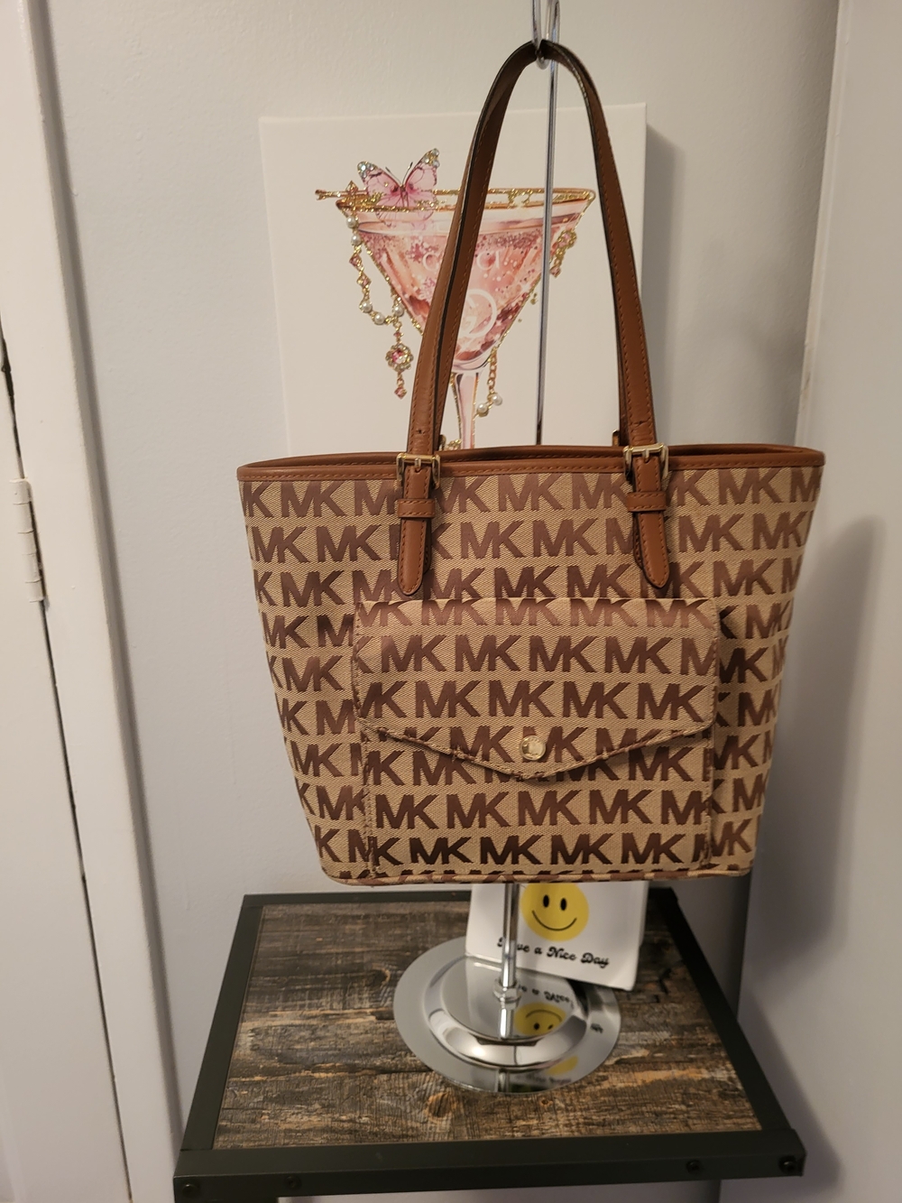 Michael Michael Kors Tan and Brown MK Monogram Tote 13"Wx9.25"Lx3"D